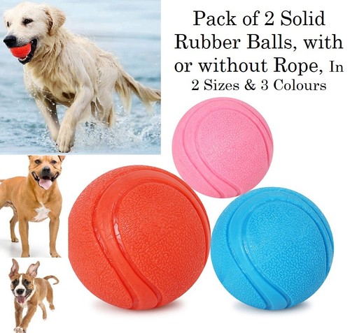 2 Pack Dog Ball Solid Tough Hard Rubber Ball Durable Pet Chew Toy & Rope 2 Sizes