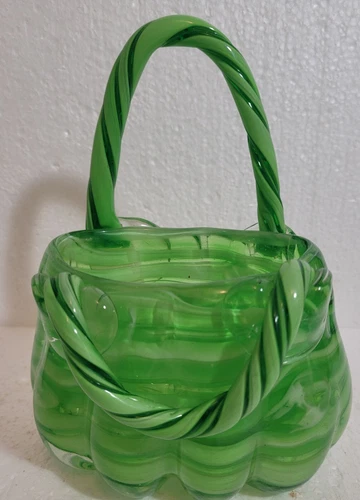Vintage Murano Green Marble Candy Swirl Art Glass Purse Vase EUC
