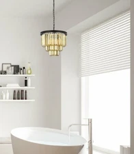 Chandelier Golden Teak Crystal Matte Black Ceiling Lamp 9 Light Fixtures 20"