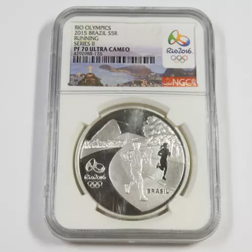 2015 NGC PF70 UCAM - BRAZIL Silver Rio Olympics Running 5 Reais Coin 50352A