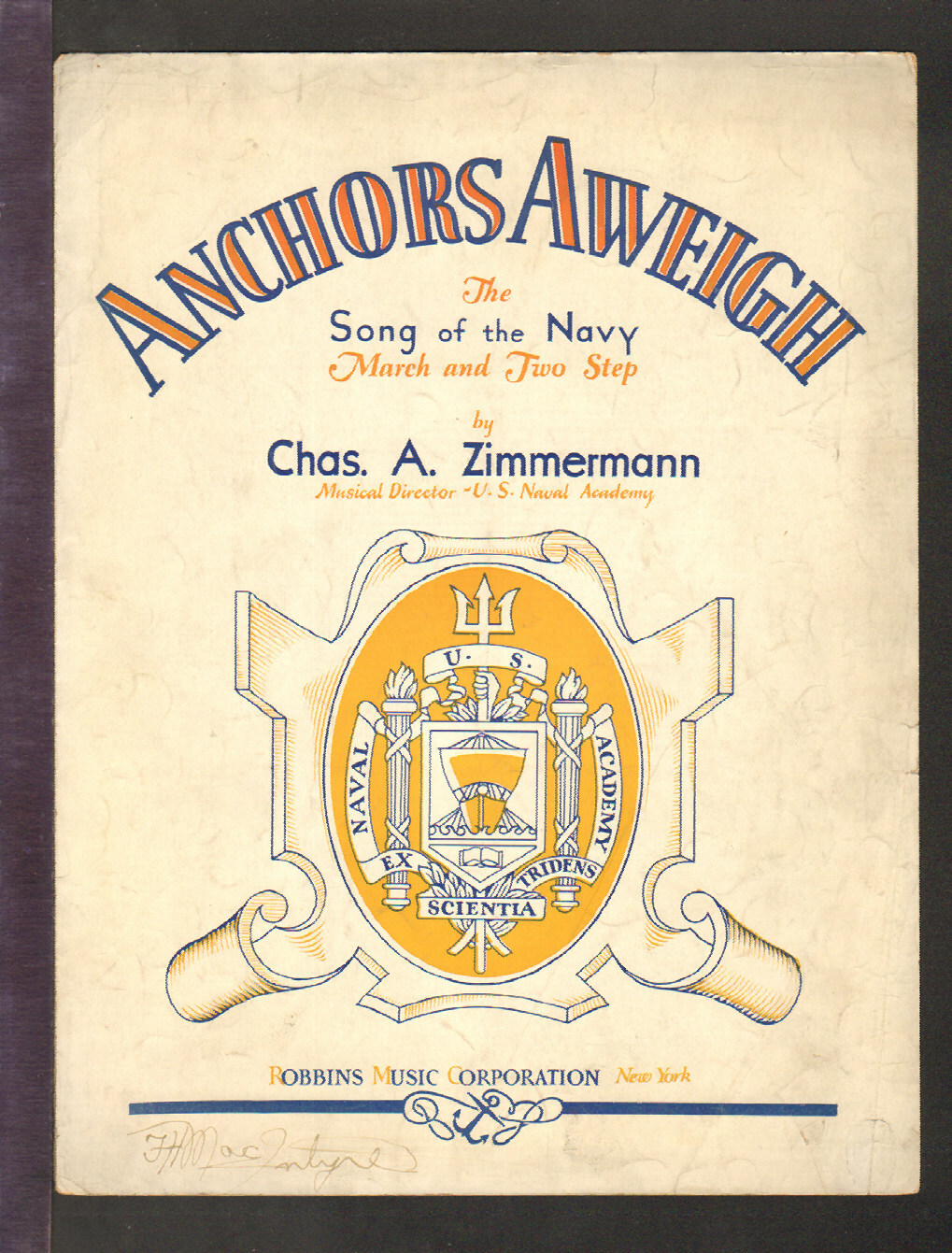 ANCHORS AWEIGH Zimmerman 1930 Navy PIANO SOLO Vintage Sheet Music Q13