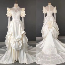 Elegant Vintage Wedding Dresses Generous High Stand Collar Puff Sleeves Lace Up