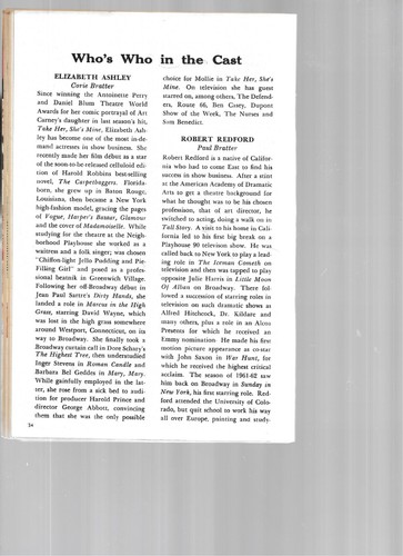 BAREFOOT IN THE PARK-ROBERT REDFORD, ELIZABETH ASHLEY, PLAYBILL, MARCH 1964 - Picture 3 of 4