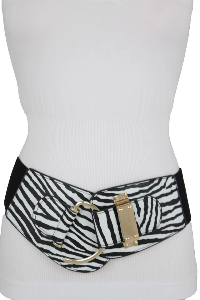 Mujeres Negro Blanco Cebra Imitación Cuero Tela Elástica Cinturón Oro Gancho Hebilla S M Foto 2 de 4