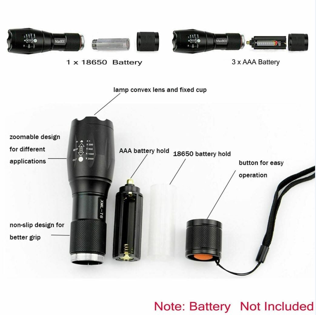 Police 1200000LM T6 LED Super Bright Zoom Flashlight Powerful Camping Lamp Torch - Picture 2 of 10