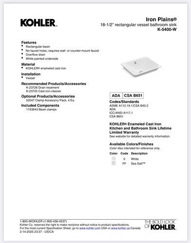 Kohler 5400-W-0 Iron Plains® 18-1/2" Rectangular Vessel Bathroom Sink - Picture 3 of 7