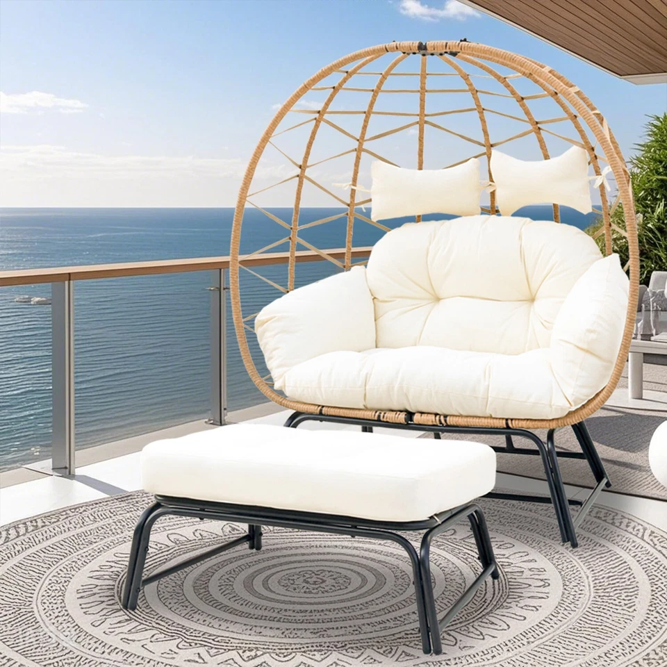 VIXLON Wicker Egg Chair w/ Ottoman Outdoor Indoor Oversized Lounger Stand Chair - Image 2 of 4