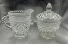 Vintage Anchor Hocking Wexford Cut Crystal Glass Sugar Bowl Lid and Creamer 5.5”