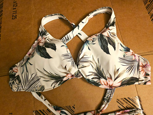 Shade & Shore Women’s Floral Bikini Swim Top White 36C Crossback Lined Stretch
