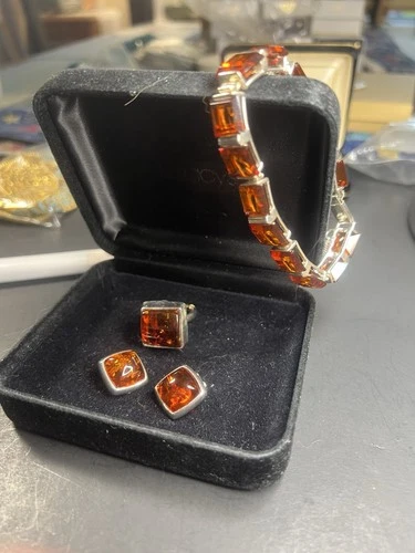 Vintage Sterling Silver 925 Orange Amber Ladies Bracelet,  Earrings & Ring Set
