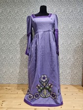 VINTAGE 70er Jahre lila besticktes Maxikleid Boho Folk Empire Line Leinen