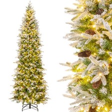 9 FT Pre-lit Flocked Pencil Christmas Tree Hinged Artificial Xmas Tree