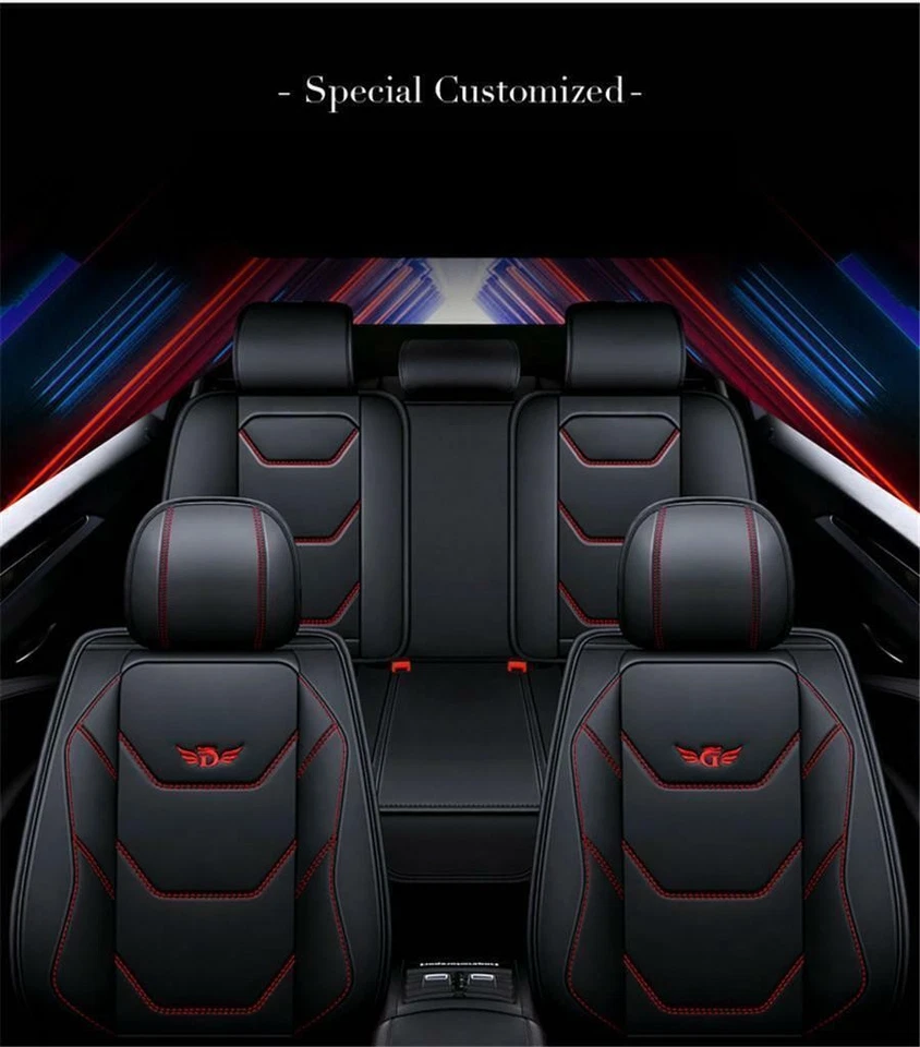 Black PU Leather Car Seat Covers Front & Rear Full Set Red Line For 5-Seats Car Foto 4 de 4