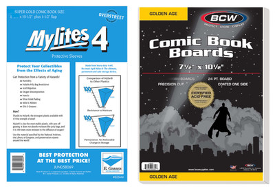 Set 100 sleeves E Gerber MyLites4 Mylar 4 Mil Bags & 100 BCW Boards Large Comic
