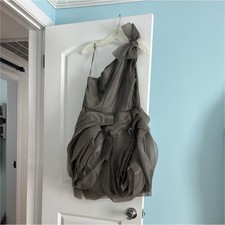 Gray Halter Organza Mini Dress with Ruching, Asymmetric Sleeveless Party Style