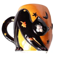 Black Cat Ceramic Mug With Halloween Stars & Moon Design