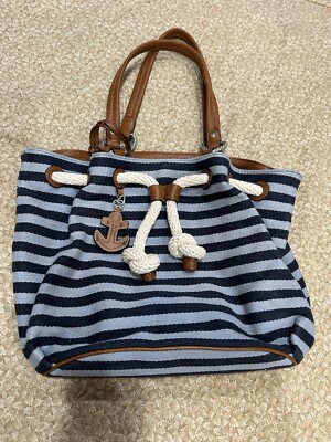 BRIGHTON BLUE SEA SIDE SURF STRIPED, ANCHOR NAUTICAL DRAWSTRING HANDBAG MRP$290 