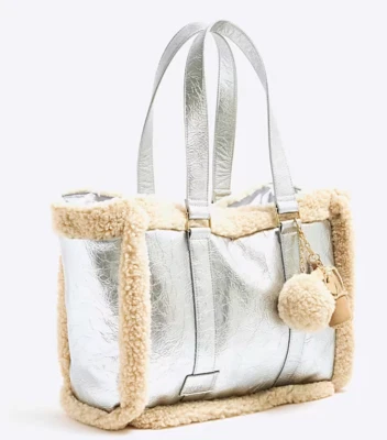 river island RRP £50 bag grey fur trimming work uni office large shopper new