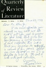 &ldquo;Quarterly Review of Literature" Theodore Weiss Hand Written Letter Dated 1973