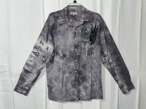 Y2K Men’s Large Gray Watercolor Tie Dye Button Up Shirt Cyber Goth Sword Wings