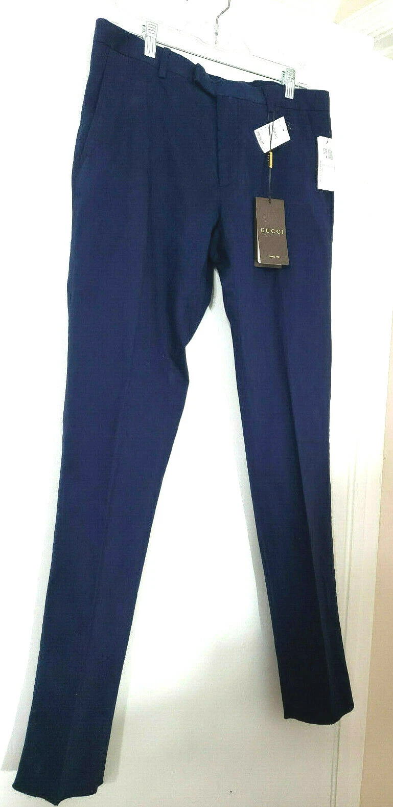 Pantalon décontracté homme Gucci 34 inachevé EU 48 bleu maigre devant plat 100 % coton neuf avec étiquettes