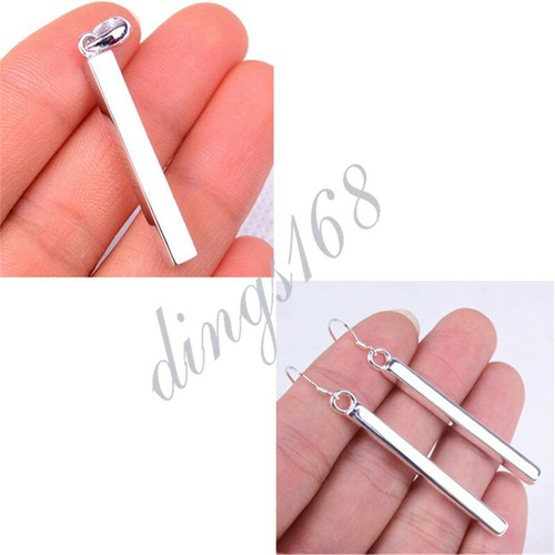 Solid 925 Sterling Silver Classic Bar Shaped Pendant + Dangle Earrings set S108