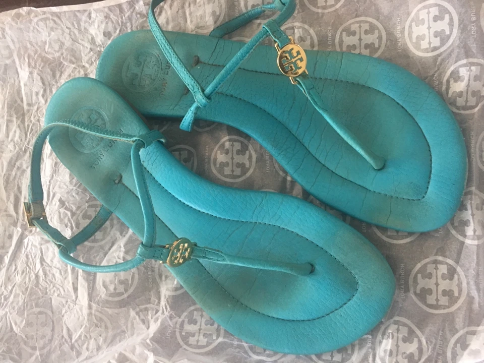 Sandalias TORY BURCH Emmy Cuero Logo Dorado Tanga Plana Cordones Zapatos 6M Foto 4 de 4