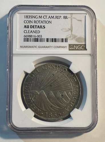Central American Republic - 1835 Large Silver 8 Reales (NGC AU Details Cleaned)