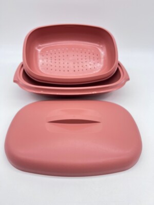 3 pc Vintage TUPPERWARE Pink Mauve #1273 Oval 6 Cup Micro-Steamer Microwavable