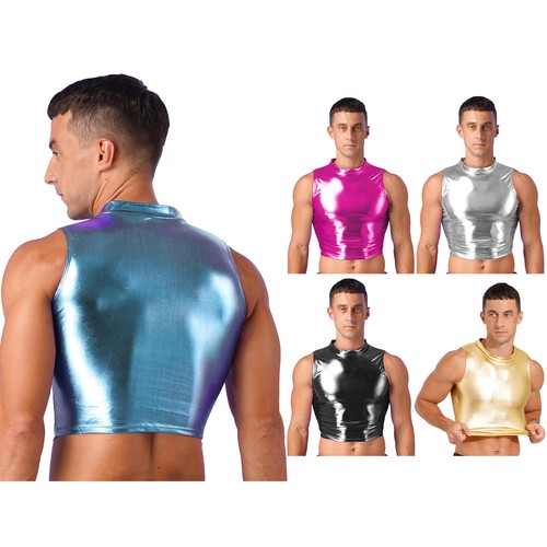 Herren Glänzend Metallic Crop Tank Top Ärmellos Stehkragen Muskel Weste Streetwear - Bild 2 von 54