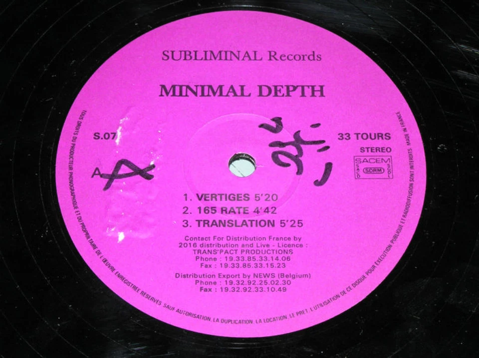 Subliminal Rec' MINIMAL DEPTH~VERTIGES Trance 12" 199? - Image 3 of 3