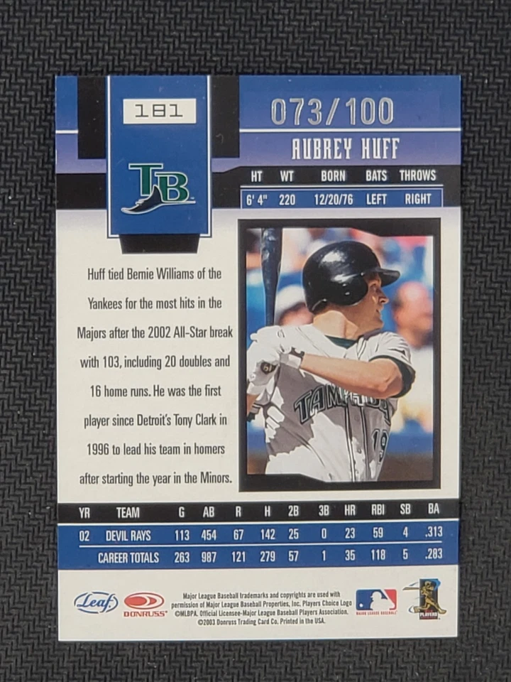 2003 Leaf Certified Mirror Red #181 Aubrey Huff Rays /100 - Image 2 of 2