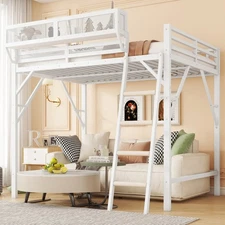 Queen Size Loft Bed with Ladder  Metal Queen Loft Bed with Storage Shelves