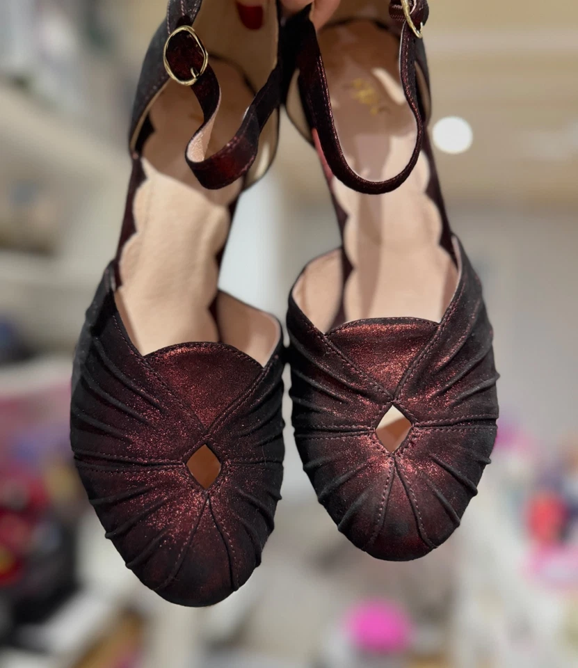 NUEVO Miss L Fire Correa al Tobillo Años 40 Zapatos de salón Tacón Ámbar Borgoña Brillante Para Mujer’s 39 Foto 3 de 4