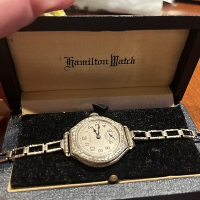 Antique Hamilton Ladies Filagree Etched White Gold Filled Watch Run Need Crystal