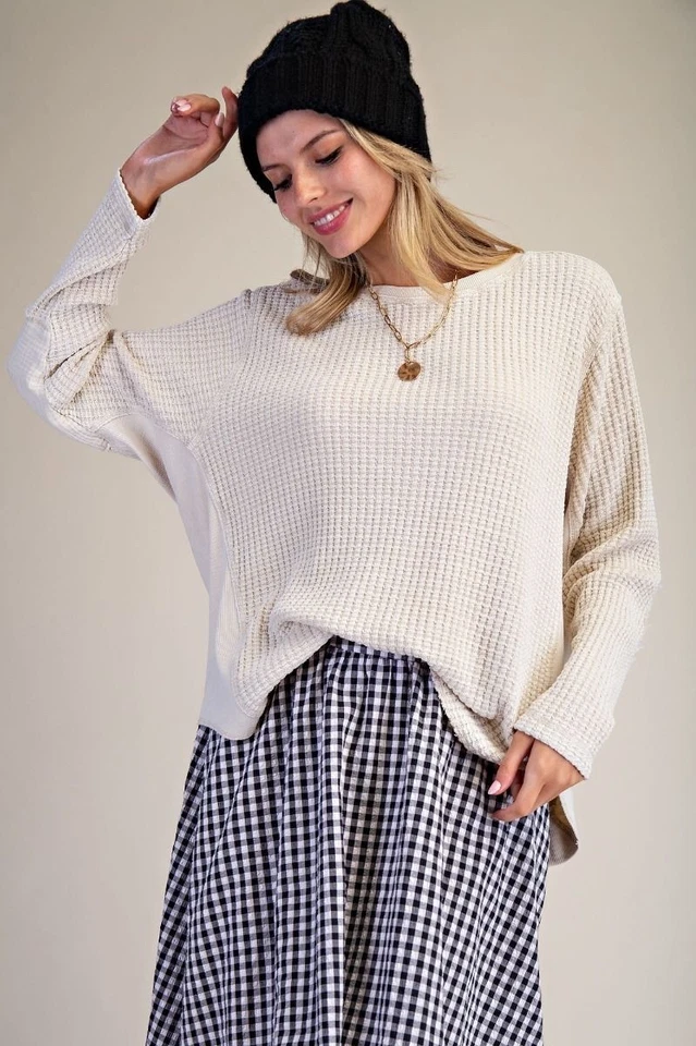 Easel Women's Thermal Waffle Knit Long Sleeve Mineral Washed Top in Natural - Image 2 of 4