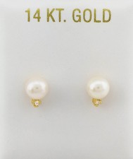 GENUINE 6 mm PEARL  DIAMONDS STUD EARRINGS 14K YELLOW GOLD - New With Tag
