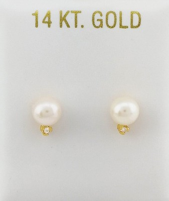 ECHTE 6 mm PERLEN & DIAMANTEN OHRSTECKER 14K GELBGOLD - Neu mit Etikett