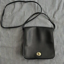 Vintage Dark Blue Leather Handbag Purse Fold Over Flap Shoulder Bag Brass Toggle