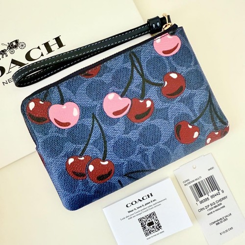 Coach Pouch Wallet Corner Zip Wristlet Denim Cherry Pattern - Picture 2 of 6