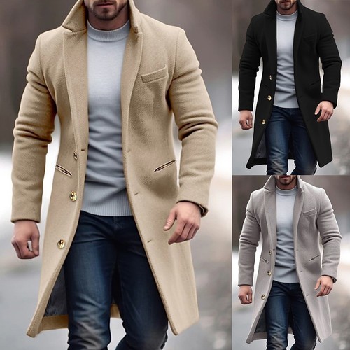 Men's Winter Overcoat with Lapel Long Sleeve Trench Jacket for Business - Picture 4 of 18