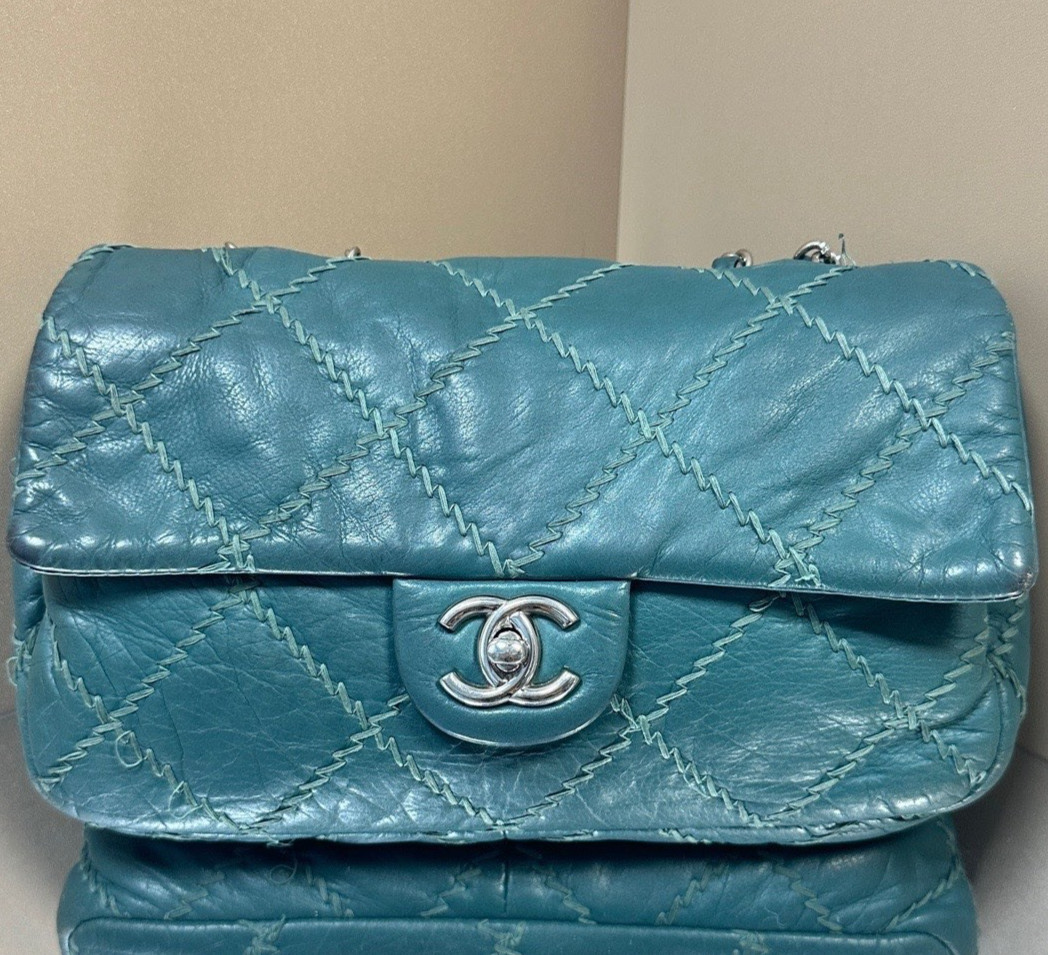 Chanel Classic Flap Chain Shoulder Bag Crossbody Green Silver Women Designer