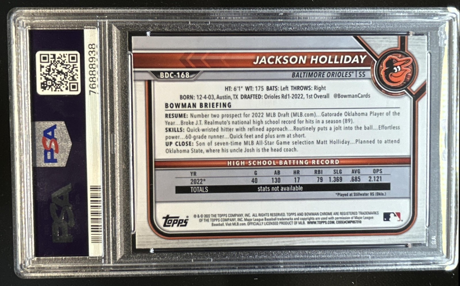 2022 Bowman Draft Jackson Holliday Chrome 1st Prospect #BDC-168 PSA 10 (38) view 2