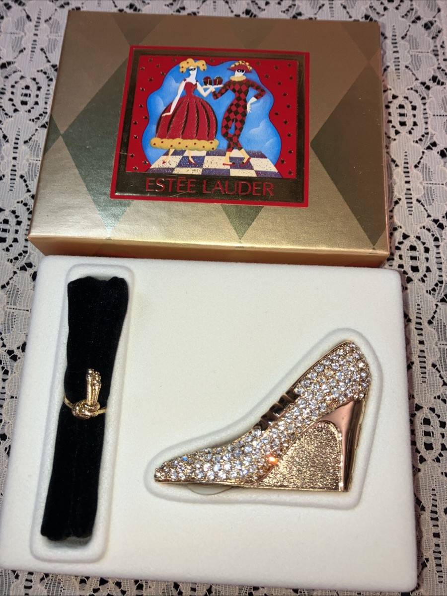 Vtg Estee Lauder Solid Perfume Compact Glass Slipper Crystals Knowing Shoe NOS