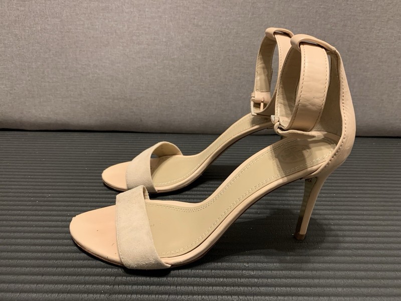 Tory Burch Ellie Stiletto Pink Suede Leather Sandals Heels Sz 7M