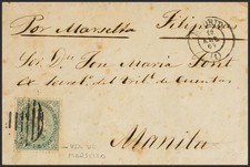 Isabel II. Période Dentée. SUR 100. 1869. 200 Mils Vert. MADRID à MANILLE (