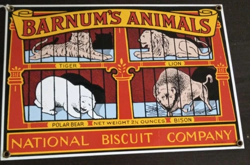 VINTAGE BARNUM'S ANIMALS PORCELAIN SIGN GAS STATION MOTOR OIL GASOLINE NABISCO