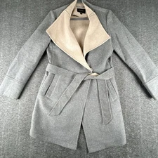 Laundry by Shelli Segal Wrap Coat Womens Sz S Gray & Cream Wool Blend Belted