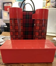 Vintage Aladdin Red Plaid Picnic Set with Two Thermos, Lunchbox & Carry Bag