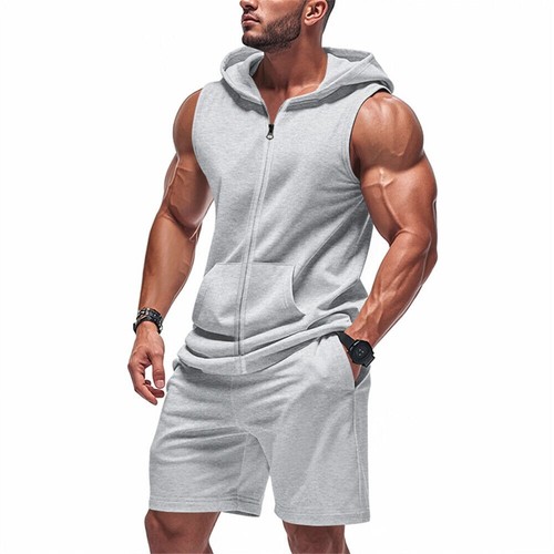 Herren Fitness Trainingsanzug 2-teiliges Set Ärmellos Kapuze Weste T-Shirt Shorts Outfit Set - Bild 10 von 20